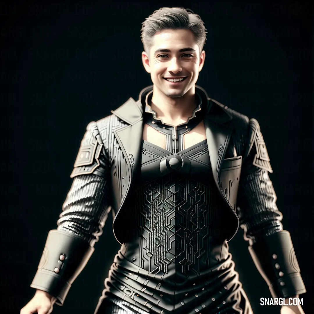 Man in a leather outfit with a smile on his face and arms outstretched, with a black background. Color RAL 790-5.