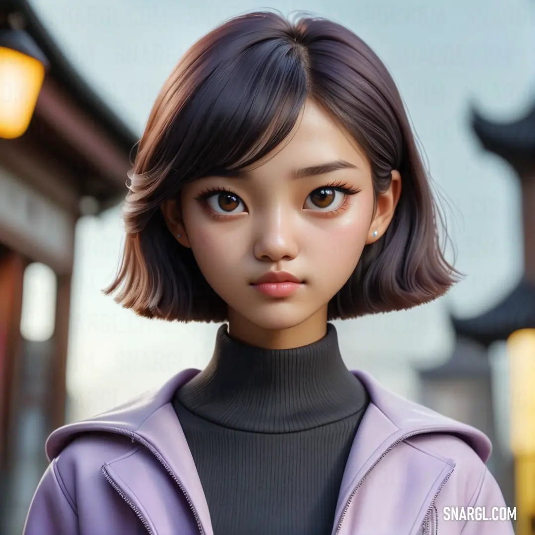 RAL 790-5 color example: Girl with a short bobble haircut and a purple jacket is standing in front of a building