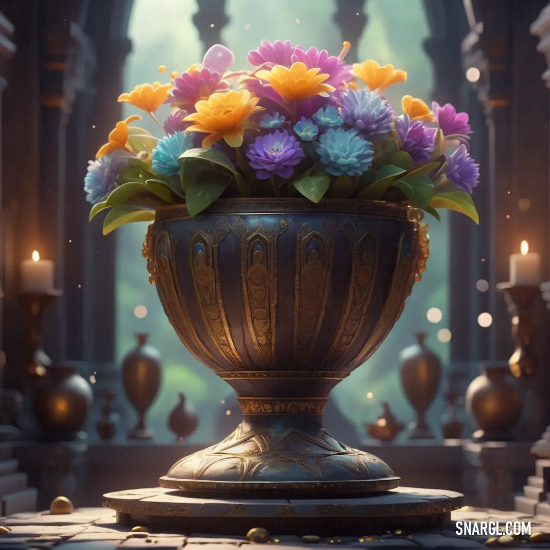 RAL 790-6 color. Vase filled with flowers on top of a table next to a candle holder and a window with candles