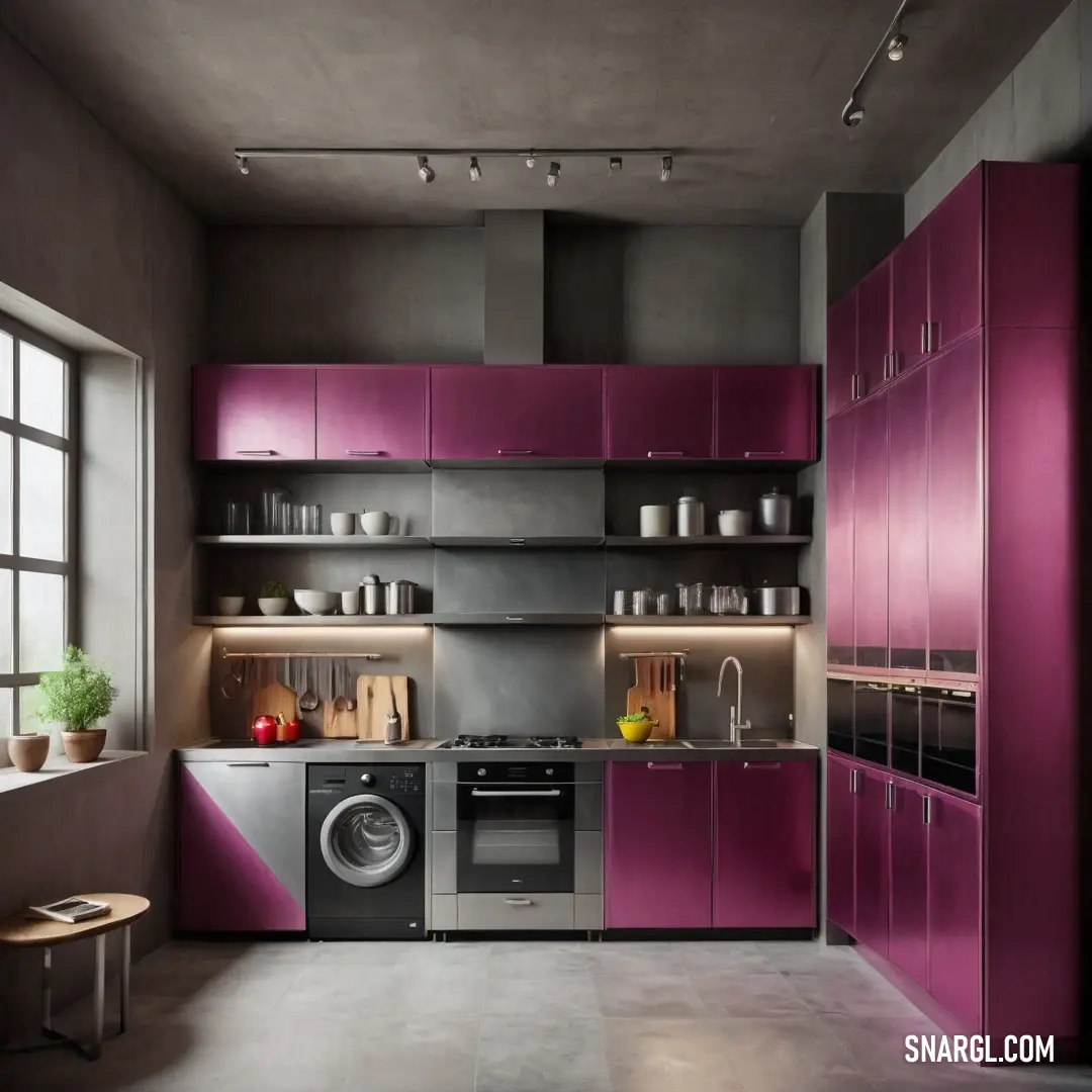 Kitchen with a washing machine and a window in it's center area. Example of #566065 color.