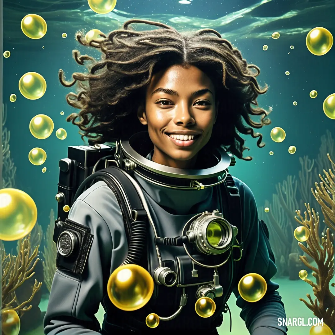RAL 820-4 color. Woman in a diving suit surrounded by bubbles of water and bubbles of air on a green background