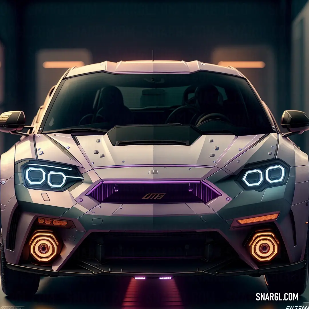 Car with a purple light on it's headlight is shown in a dark room. Example of RAL 830-6 color.