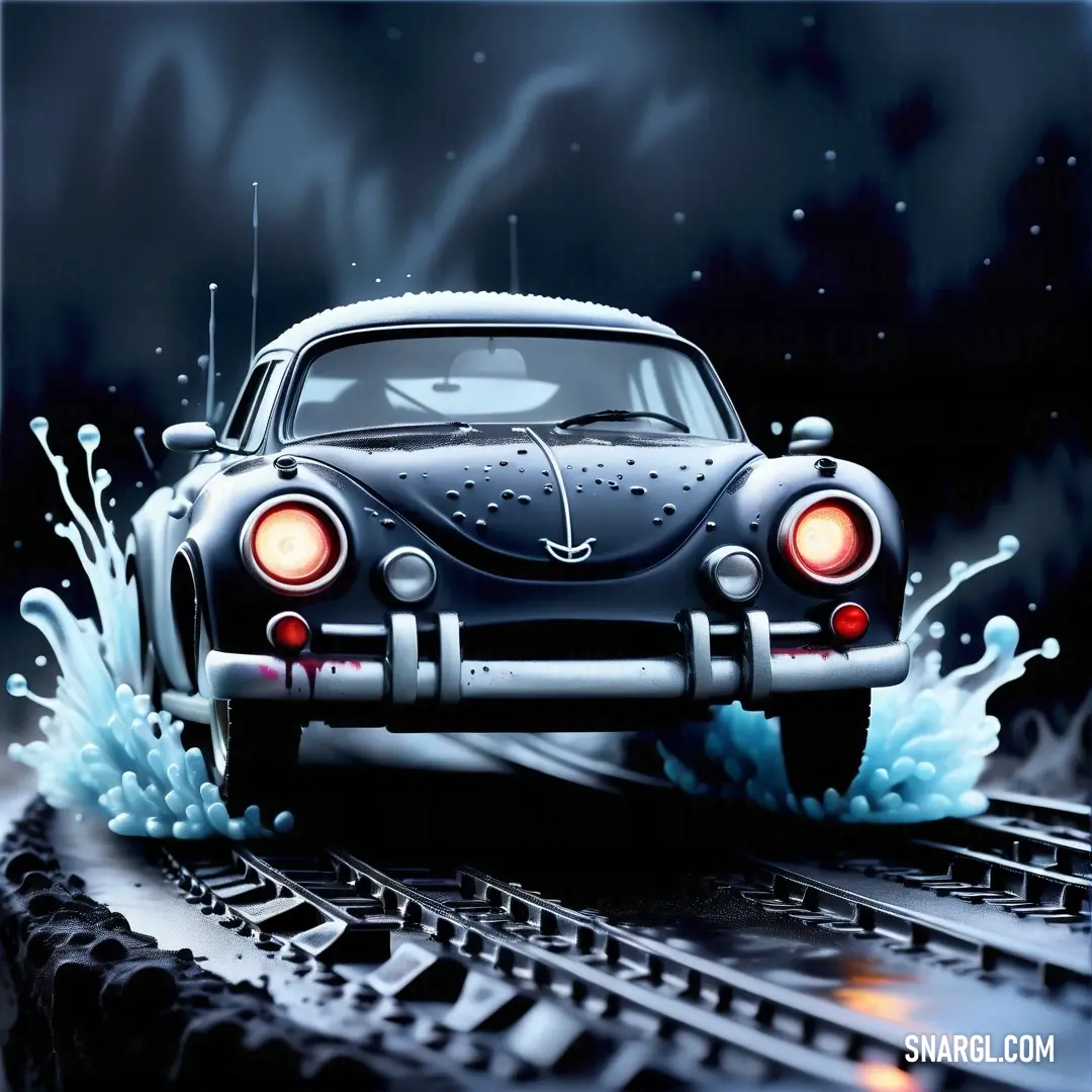Car is driving through a puddle of water on a train track with a sky background. Example of CMYK 22,0,5,80 color.