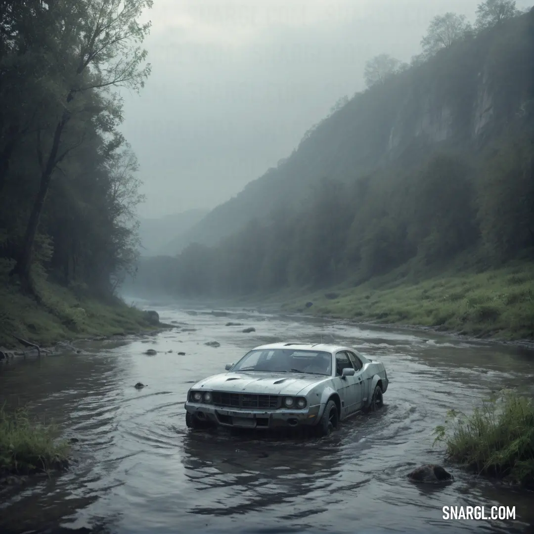 Car is driving through a river in the rain and foggy weather, with a mountain in the background. Color RAL 830-6.