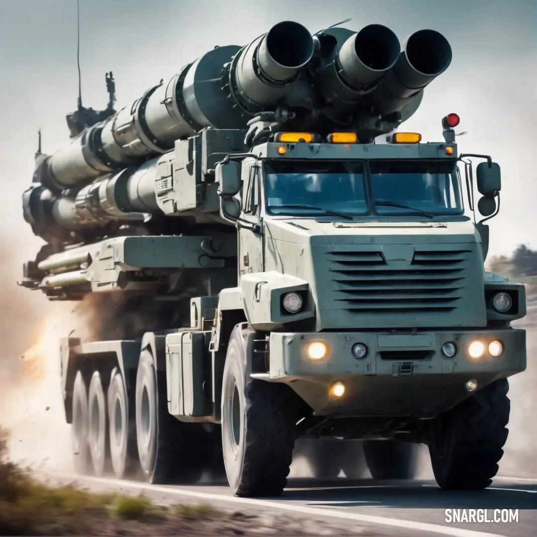 Large military truck driving down a road with missiles on top of it's back end and a sky background. Example of #5D666A color.