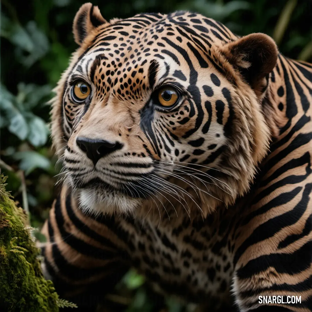 A close-up of a majestic tiger perched on a tree branch, its intense gaze scanning the environment. The background is filled with lush green leaves, adding a touch of wild beauty to the scene, where the tiger’s strength and grace are on full displa