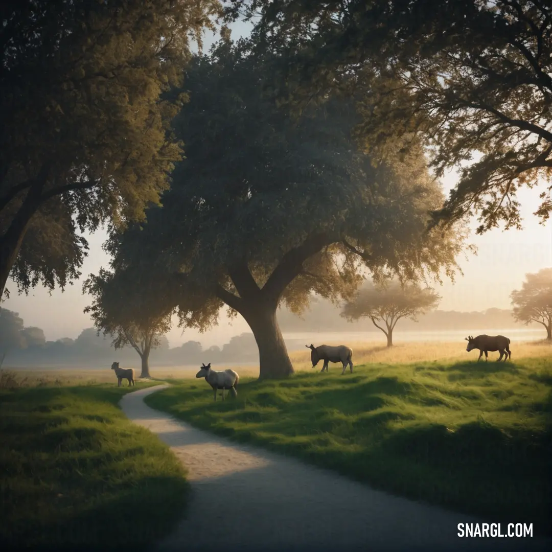 A group of horses walk along a winding path, their hooves stirring up the earth as they pass by a tree. The sun casts a soft light over the field of tall grass, creating a peaceful rural scene filled with freedom and grace.