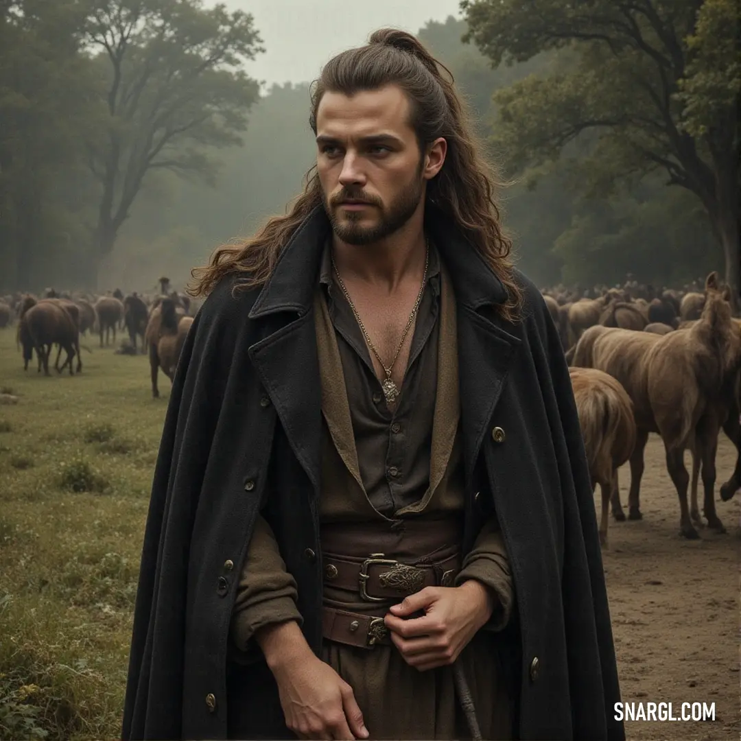 A majestic scene featuring a man wearing a flowing cape standing confidently in a lush green field, surrounded by a herd of cattle, while vibrant trees frame the serene background, creating a harmonious connection with nature.