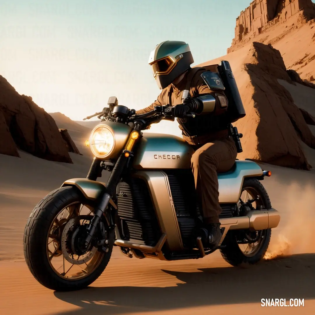 Man riding a motorcycle on a sandy road in the desert with a helmet on. Example of #5D665D color.