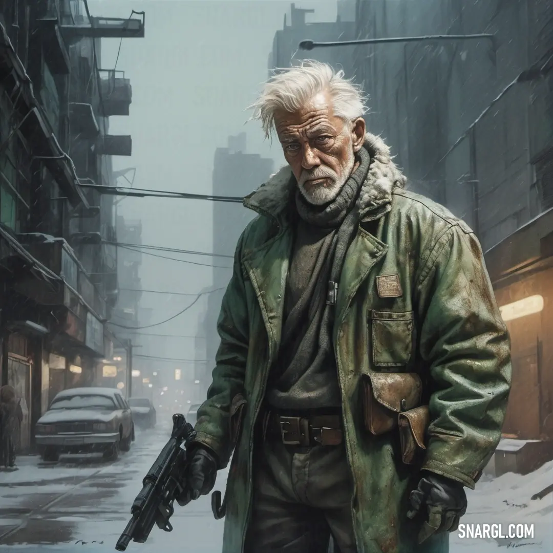 A man in a green jacket and black gloves grips a gun as he stands on a quiet, snow-covered city street. The scene is tense, with the icy atmosphere adding an edge to the solitary moment.