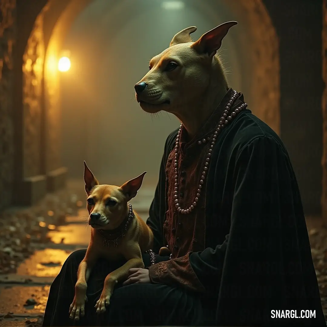 In a serene tunnel bathed in soft light, a man lovingly cradles a dog on his lap, creating a warm, intimate moment. The gentle illumination enhances the connection between man and animal, evoking feelings of comfort, companionship, and tranquility.