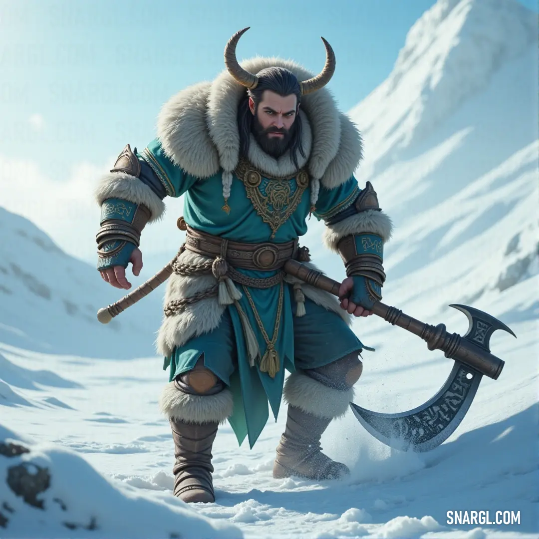 A rugged figure clad in a distinctive costume and wielding a massive axe stands defiantly in the snow, his beard blending seamlessly with the frosty landscape. The cold hues convey a sense of strength amid winter's chill, hinting at untold stories.