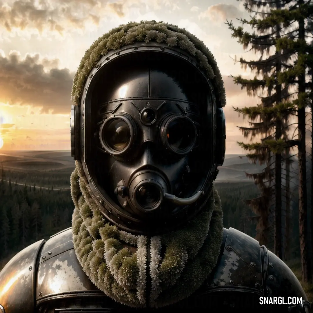 A man in a gas mask and full suit of armor stands against a forest backdrop. The muted, grayish green hues of his suit blend with the surroundings, creating an eerie scene, as if he’s part of a forgotten world or a future yet to come.