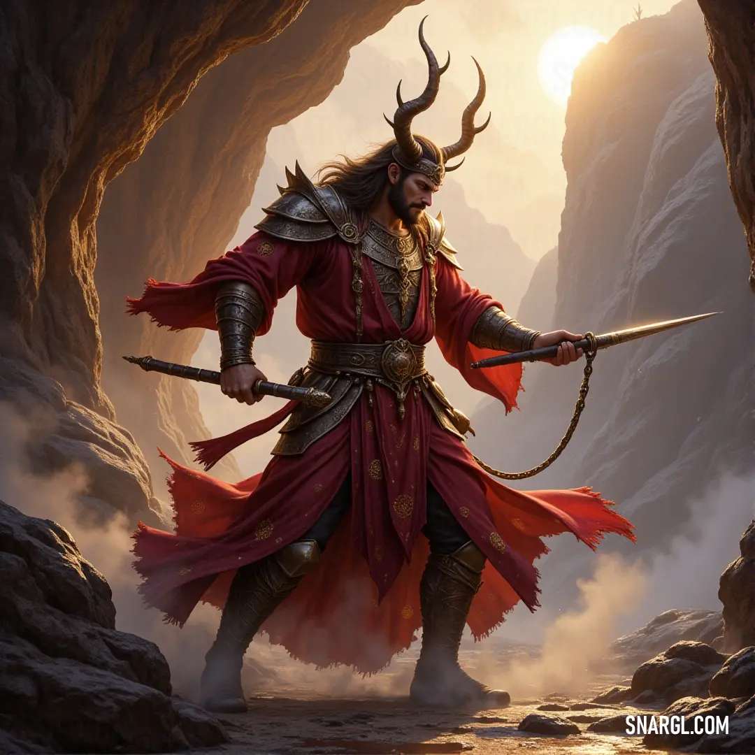 A powerful figure with horned features stands resolute in a dimly lit cave, clutching a sword, while majestic mountains loom in the background. The color RAL 840-5 adds a rich depth to the scene, capturing a moment of striking intensity and strength.