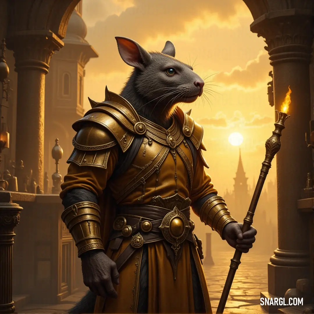 A clever rat dressed in an ornate golden ensemble, clutching a stick and sword, navigates through a vibrant city as a radiant sunset sets the stage for his adventurous journey packed with mischief and wonder.