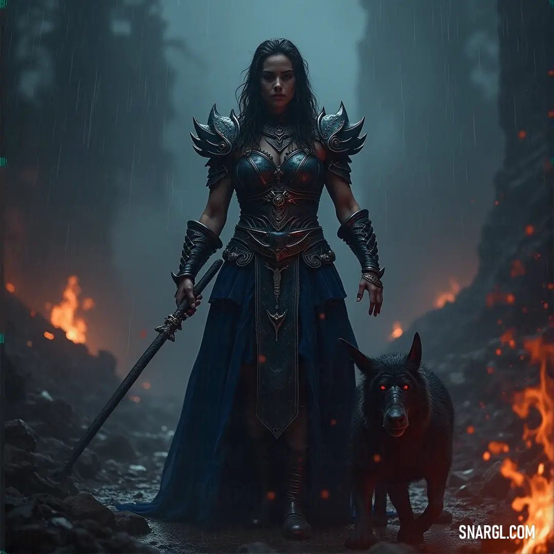 A serene moment unfolds as a woman in a flowing blue dress stands tenderly beside her loyal dog, framed by a fiery forest backdrop. The juxtaposition of warmth and tranquility highlights the bond between them amidst nature's fierce beauty.