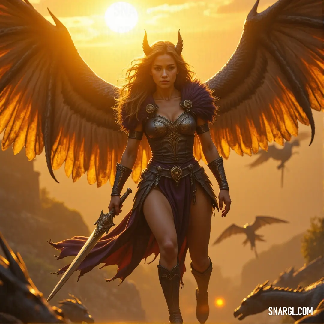 In a vibrant fantasy world, a fierce woman with majestic wings wields a sword with confidence, surrounded by awe-inspiring dinosaurs. The lush landscape beckons the adventurous spirit, promising stories of bravery and epic encounters.