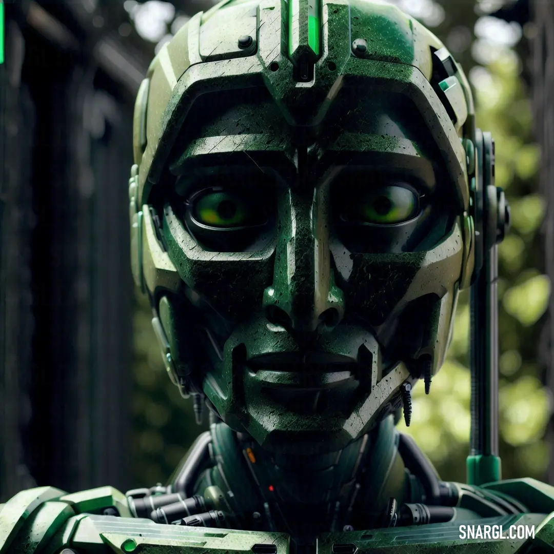 A robotic figure stands in a futuristic setting, its glowing green eyes and helmet casting an eerie light. The metallic figure exudes power and mystery, enhanced by the green glow that emanates from its head and surroundings, suggesting advanced technolog