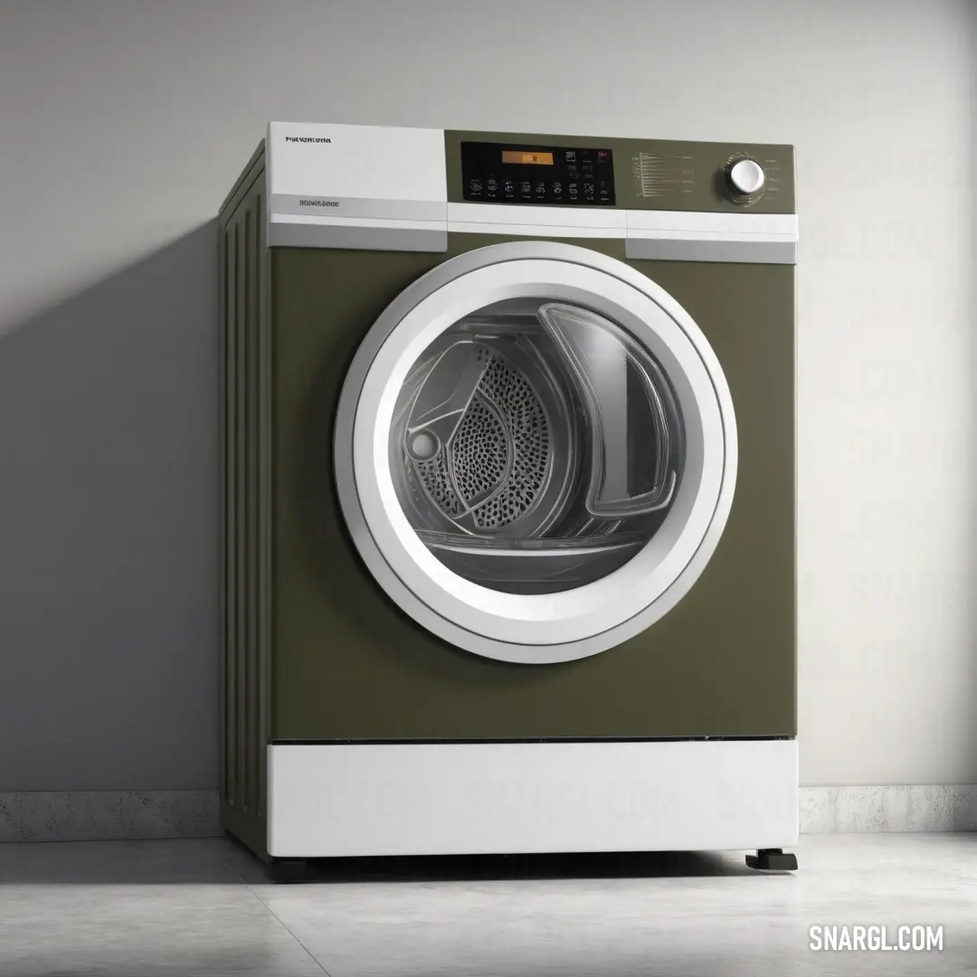 Green and white washer in a room with a light on it's side and a window. Color CMYK 42,35,50,83.