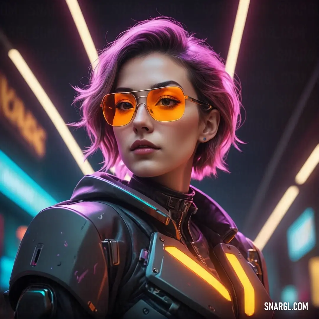 Woman with neon glasses in a futuristic setting. Example of RAL 840-6 color.