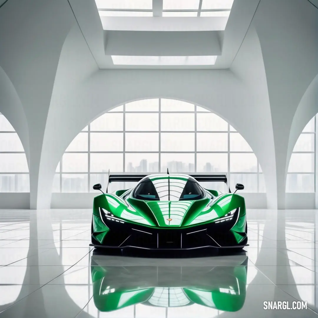 RAL 860-3 color example: Green sports car parked in a white room with large windows and a skylight above it is a shiny floor