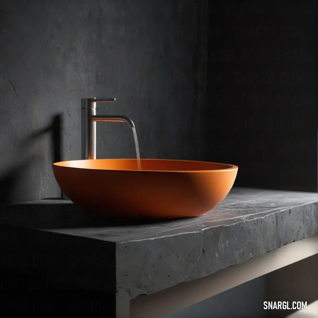 Bowl shaped sink on a counter in a bathroom setting with a faucet and a black wall. Example of CMYK 29,21,25,70 color.