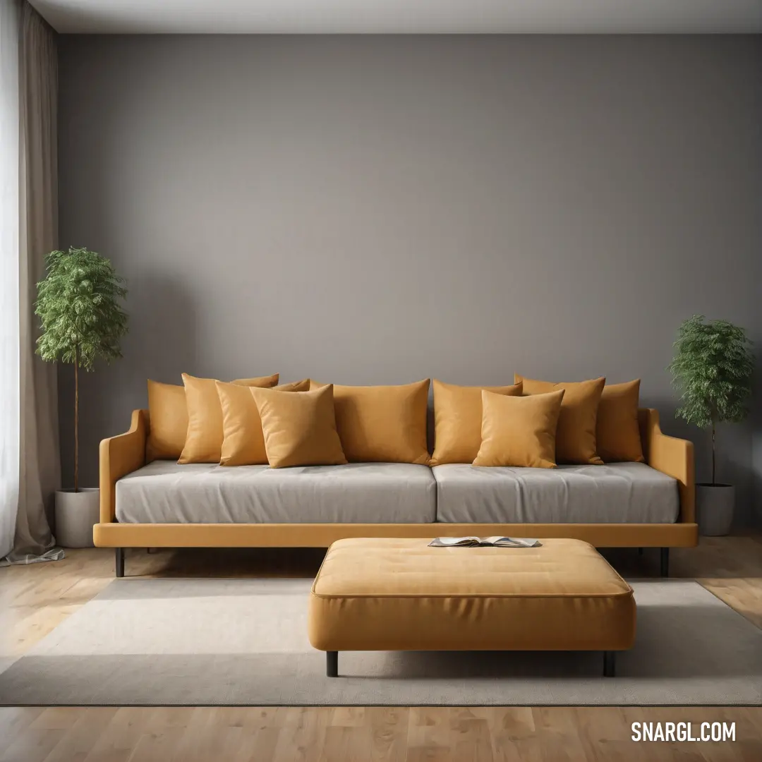 RAL 860-6 color example: Living room with a couch and a coffee table with a plant on it and a rug on the floor
