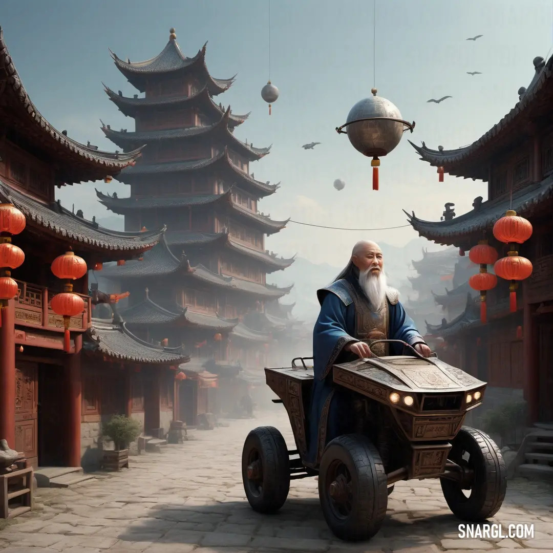 Man riding a cart with a large wheel in front of a building with lanterns hanging from it's ceiling. Example of #5F6667 color.