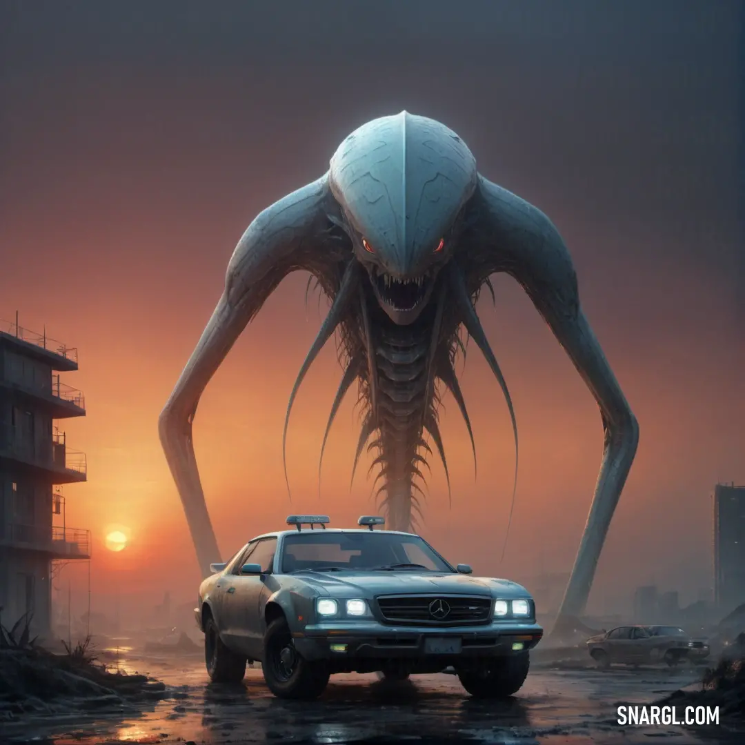 RAL 860-6 color example: Monster like creature is standing next to a car in a city at sunset with a building in the background