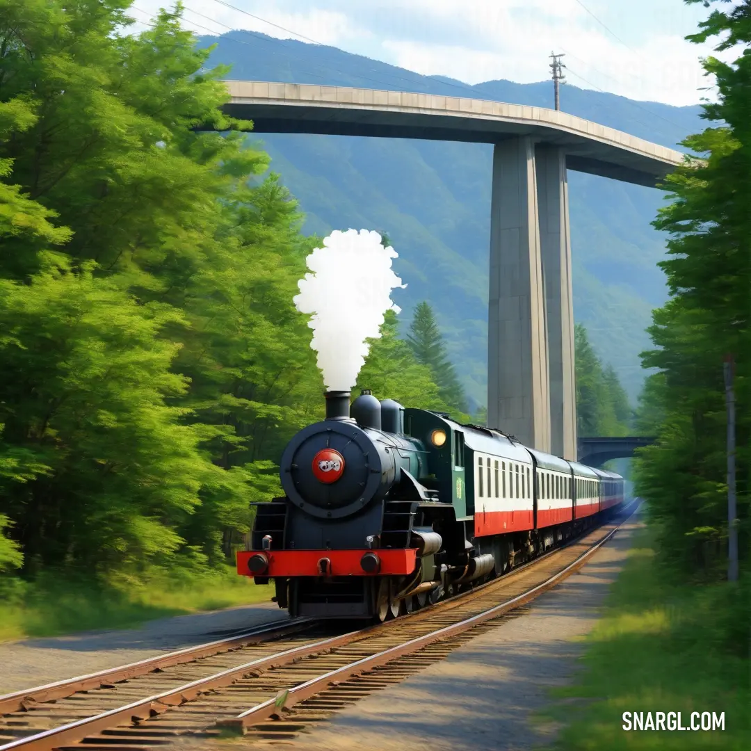 RAL 860-6 color. Train traveling down tracks near a bridge and trees with a sky background