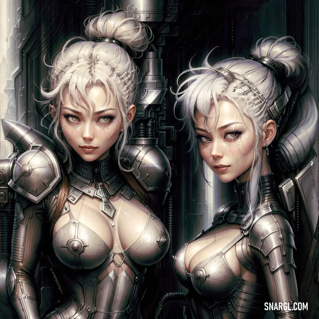 Two women in futuristic outfits standing next to each other in a room with a large metal structure behind them