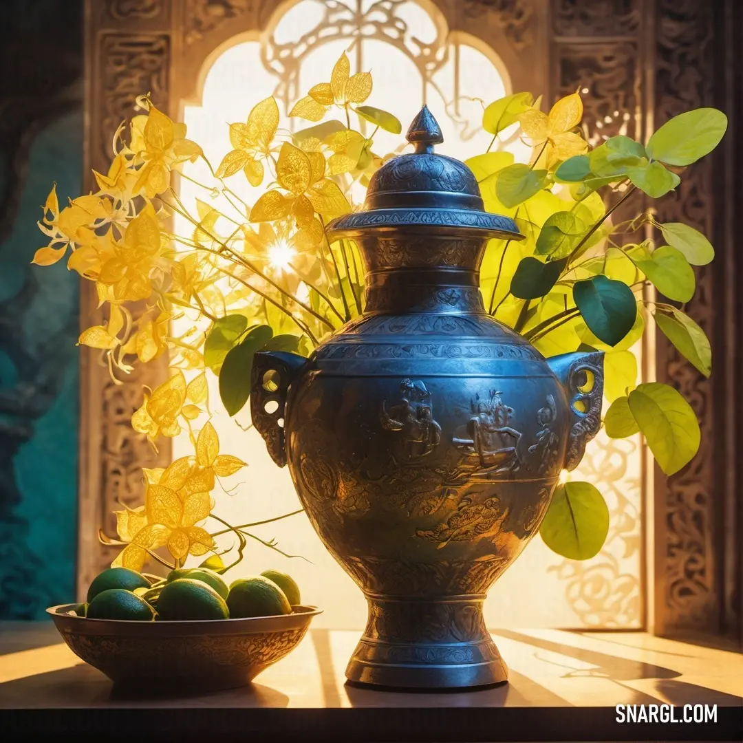 Vase with flowers and fruit on a table in front of a window with a sun shining through the window. Color CMYK 29,46,30,90.