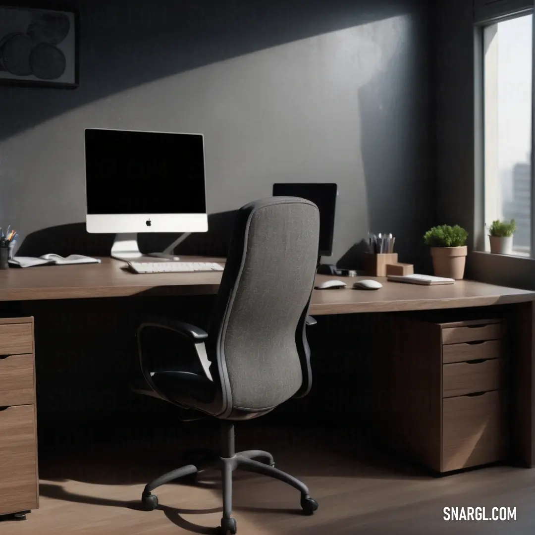 Desk with a computer and a chair in a room with a window and a plant on the desk. Color RAL 870-M.