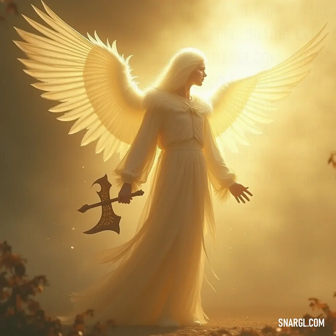 Elegant Ramiel, with striking white hair and graceful wings, stands proudly, her sword in hand, symbolizing strength and determination against a tranquil backdrop. Ramiel, with stunning white hair and magnificent wings, stands confidently holding a sword, her gaze radiating determination and grace, embodying strength as she stands against a serene background that amplifies her ethereal charm.