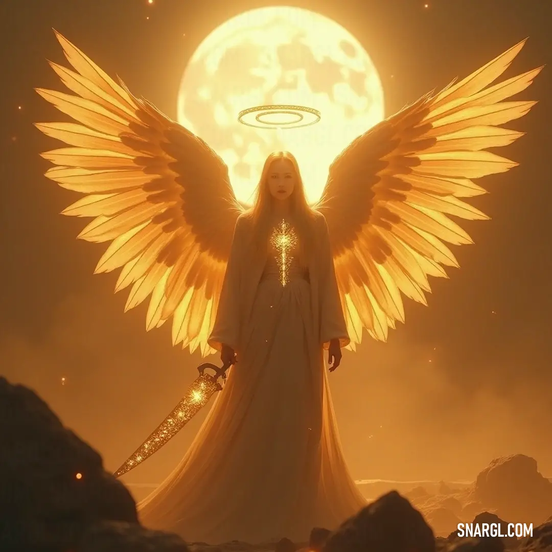 Stunning angel Ramiel, with majestic wings, wields a shining sword in front of a brilliant full moon, surrounded by a halo of moonlight that enhances her commanding presence. Ramiel, adorned with magnificent angel wings, holds a gleaming sword poised before a luminous full moon, the moon's halo casting an enchanting light around her, creating an atmosphere steeped in mystery and celestial power.