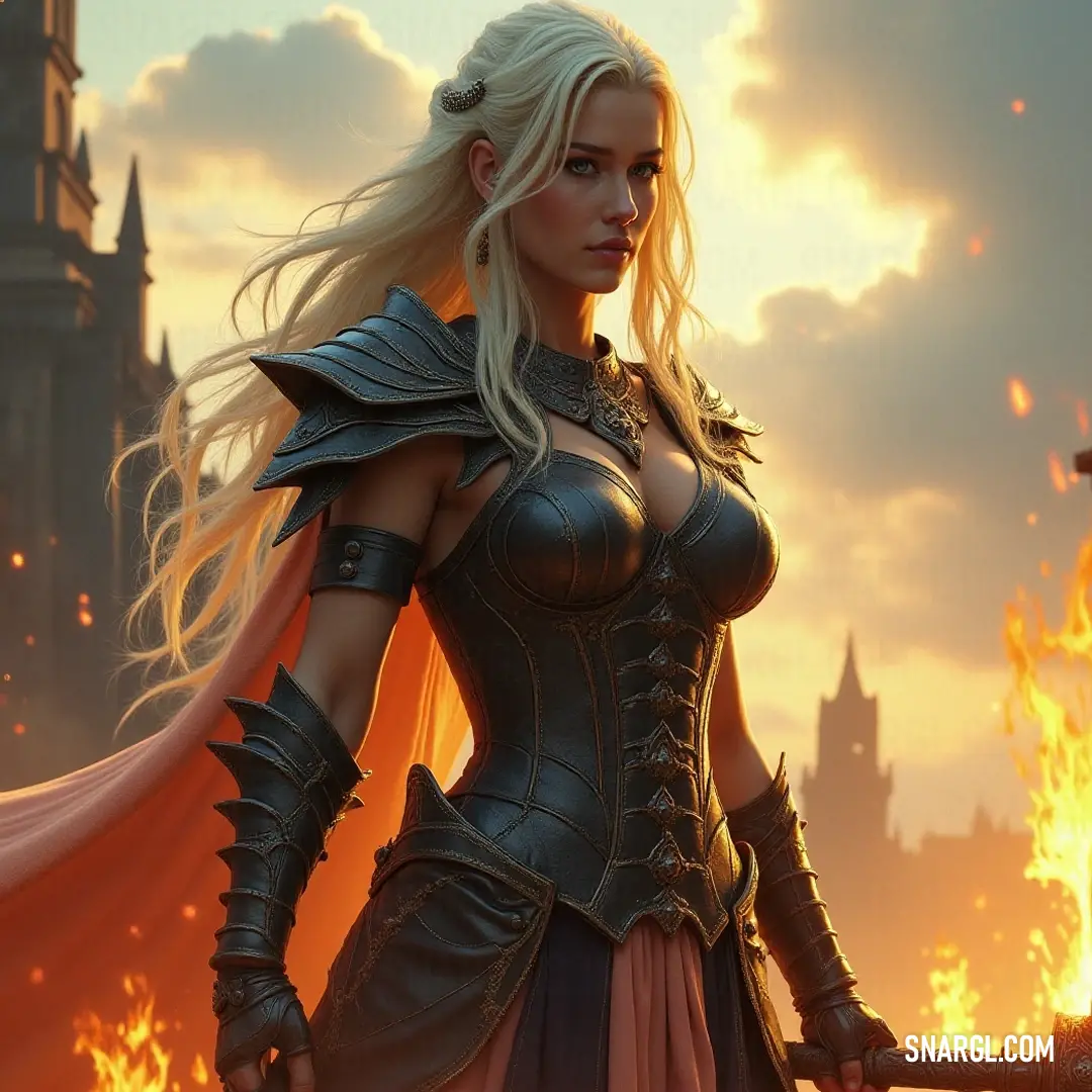 A striking figure clad in an elaborate costume stands against a fiery backdrop, enhancing the allure of a storied landscape. An enchanting character stands proudly in a bold costume, framed by a dramatic backdrop of fire and an ancient castle. The striking contrast between their attire and the vibrant scenery creates a powerful visual impact.