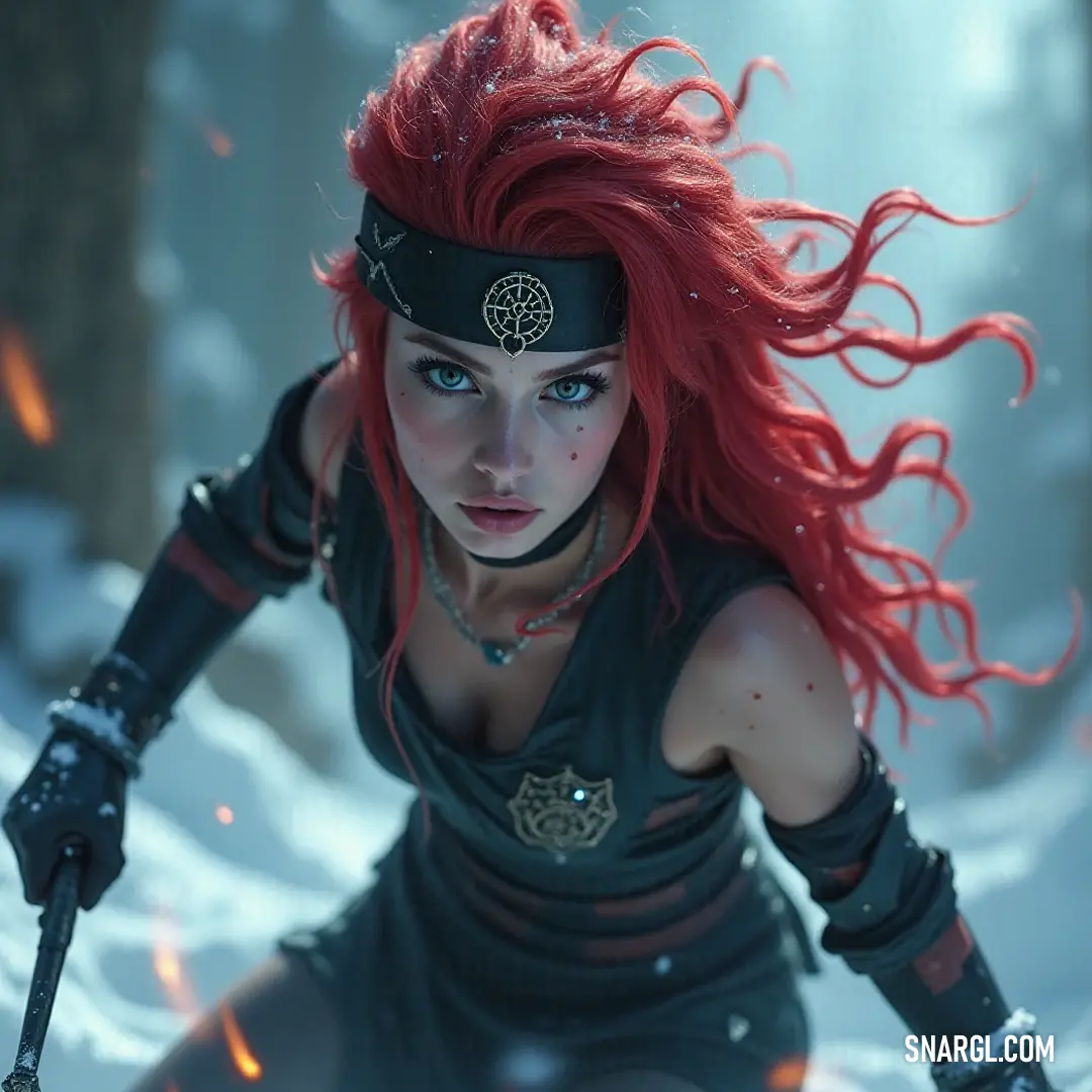A bold warrior with red hair in a snowy forest wields a sword, flames flickering behind her, presenting a striking contrast and embodying bravery. A fierce warrior with striking red hair stands valiantly in a snowy forest, wielding a sword with flames dancing behind her, creating a powerful contrast of elements and symbolizing courage.