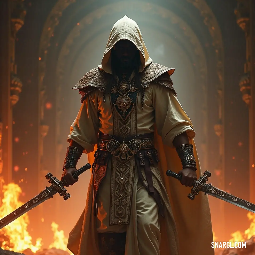 A fierce hooded figure brandishes twin swords against a backdrop of raging flames, poised for battle amidst chaos. Amidst a turbulent backdrop of flames, a hooded figure wields twin swords with fierce intent, embodying the essence of a warrior prepared for any challenge that may arise in the chaos of battle.