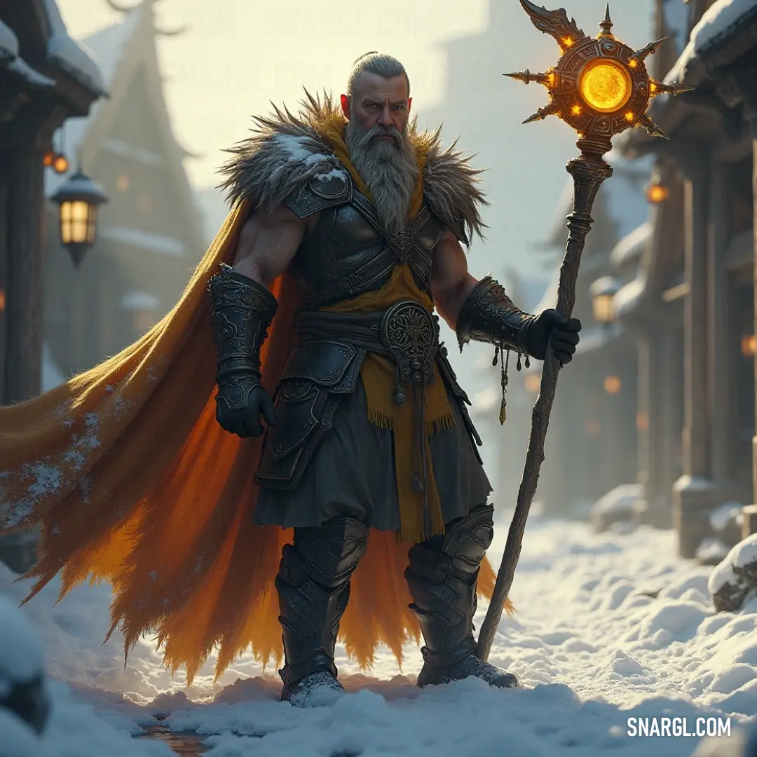 A figure in a glowing yellow cloak stands in the snow, holding a staff with a light atop it, illuminating the wintry scene around him. A lone figure stands in a snow-covered landscape, holding a staff with a glowing light on top. His yellow cloak shines brightly against the backdrop of snow and the cold, still trees.