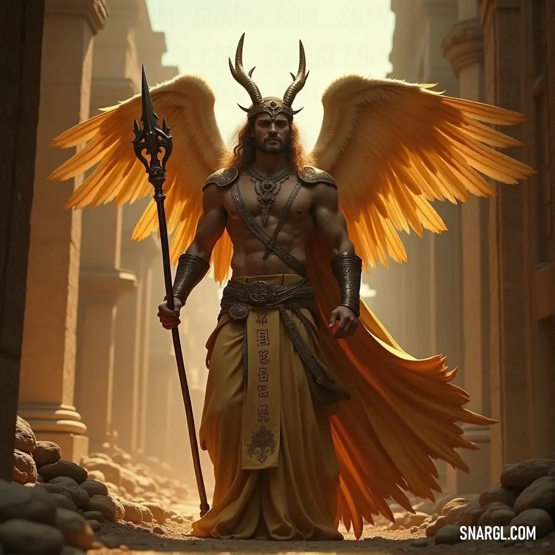 Raphael, the horned and winged warrior, holding a fiery staff in a mystical cave, exuding power and mysticism. Raphael, with a horned head and wings, stands powerfully, holding a staff alight with flames. His presence in a mystical cave commands respect, a figure of strength and fiery determination.
