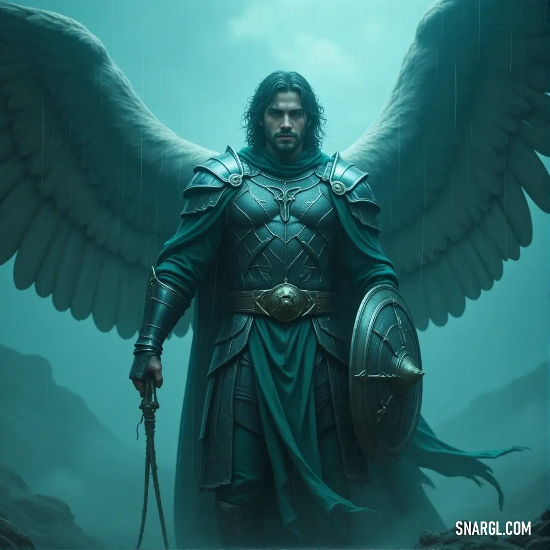 A heroic figure in emerald green armor, complete with large, angelic wings on his shoulders, stands tall and proud. His gaze is intense, embodying power and grace, as he prepares to defend or lead a noble cause.