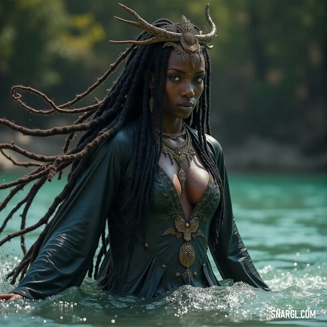 Rashida, with her flowing dreadlocks, stands in calm waters, surrounded by lush trees. The serenity of the moment reflects a deep connection with nature, blending her presence seamlessly with the vibrant greenery. Rashida stands confidently in the water, her dreadlocks flowing with the current, while the lush trees provide a vibrant green backdrop. The natural setting enhances her connection to the environment around her, creating a sense of harmony.