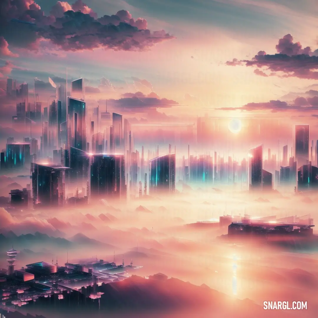 City in the sky with a sunset in the background and clouds in the foreground