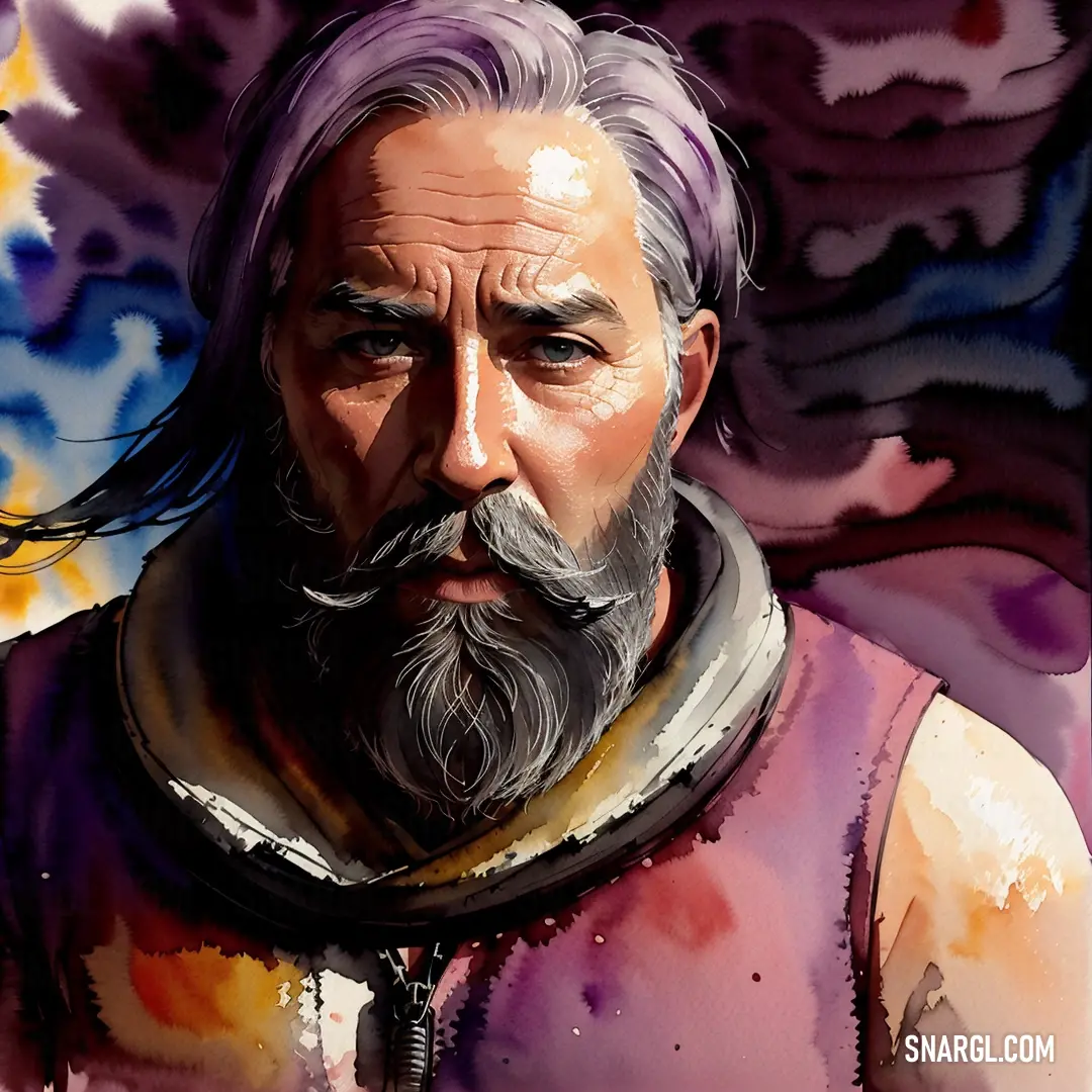 Painting of a man with a beard and a purple shirt on