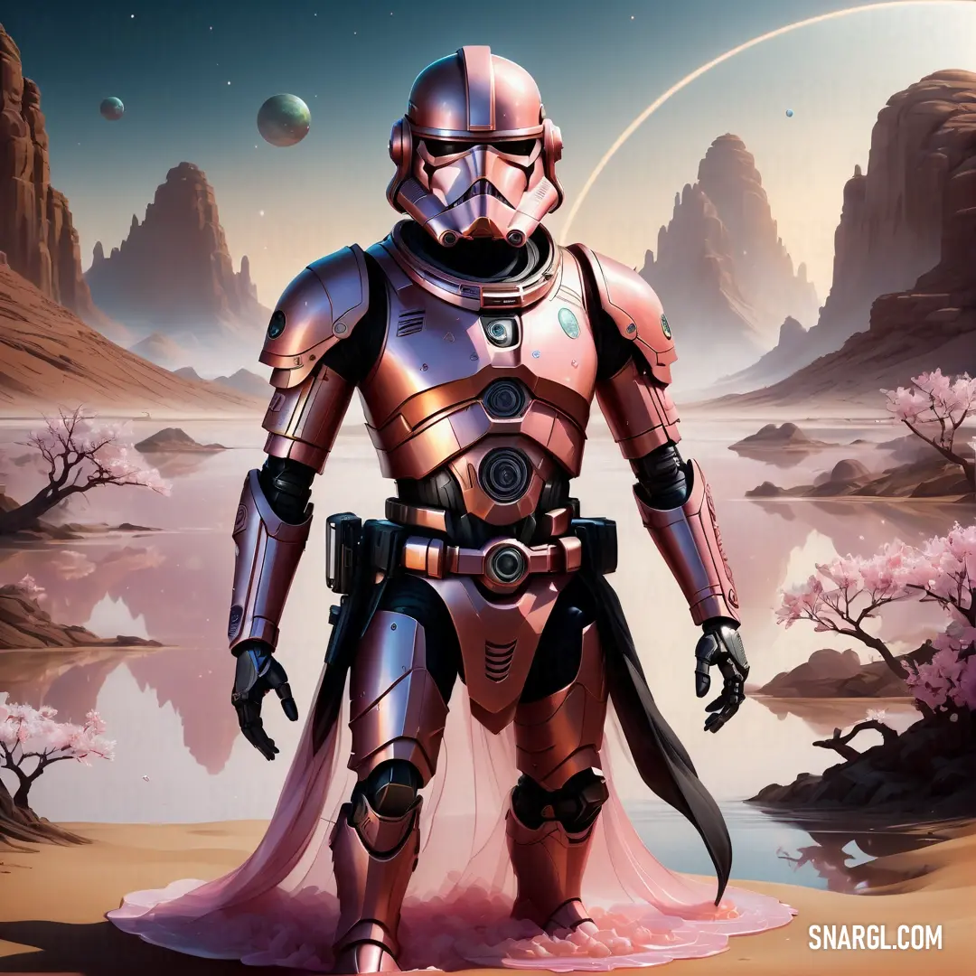 Star wars character standing in a desert landscape with a planet in the background. Example of Raspberry glace color.