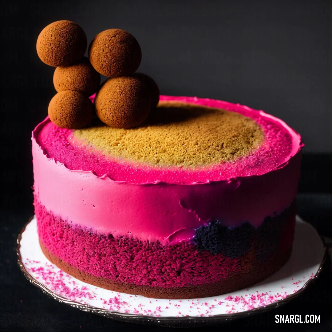 Cake with pink frosting and two brown balls on top of it on a plate with a black background
