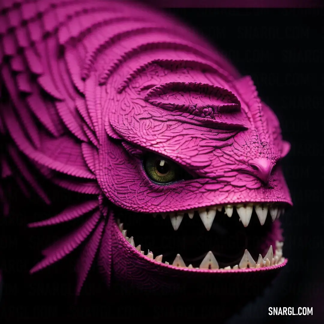 Close up of a purple dragon head with sharp teeth