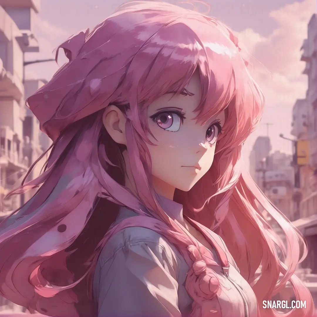 Girl with pink hair and long pink hair standing in a city street with buildings in the background. Color #E25098.