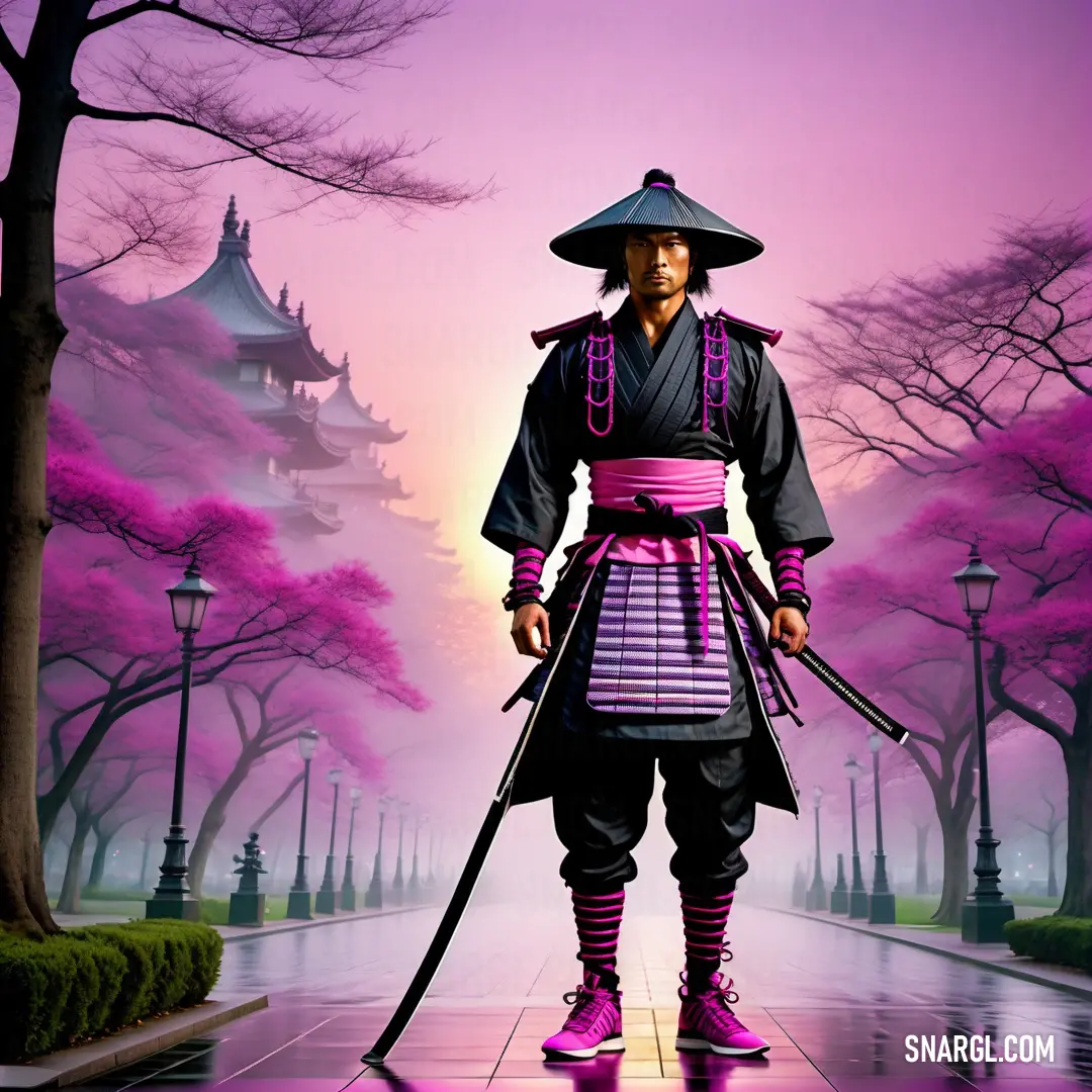 Man in a purple and black outfit holding a sword and wearing a hat and holding a cane in front of a pink sky. Color #E25098.