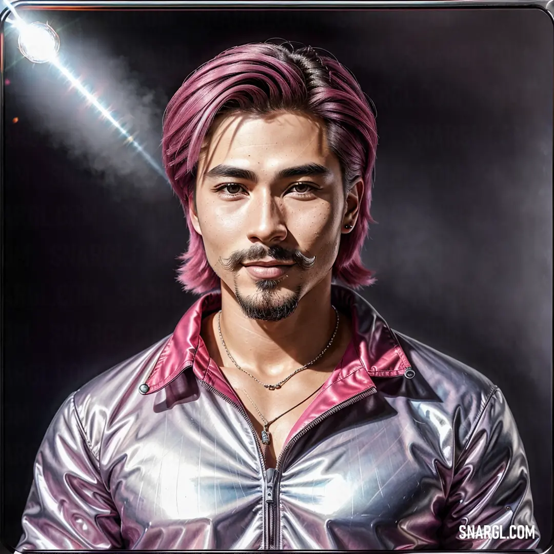 Man with pink hair and a silver jacket on a black background. Color CMYK 0,65,33,11.
